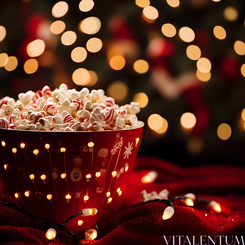 Christmas Snack Bowl with Popcorn and Candy Canes AI Image