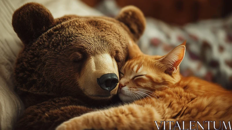 Brown Bear and Orange Tabby Cat Cuddling AI Image