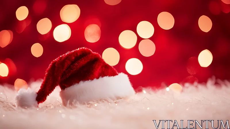 Santa Hat on Fluffy Surface with Festive Lights AI Image