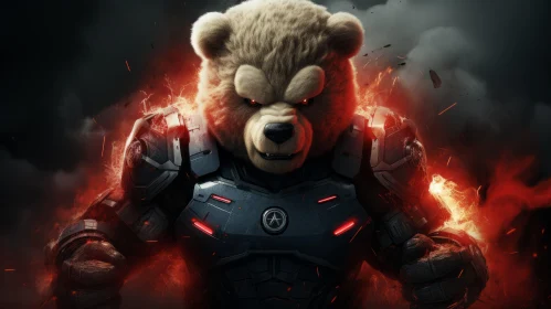 Armored Teddy Bear in Fiery Sci-Fi Scene