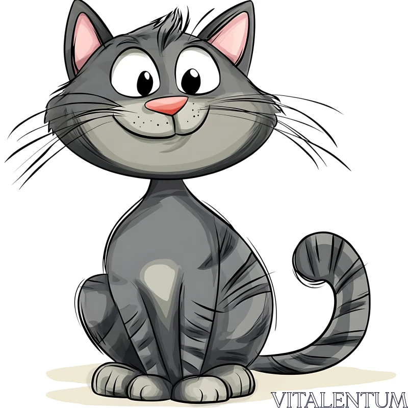 Smiling Gray Cat Cartoon with Whiskers and Stripes AI Image