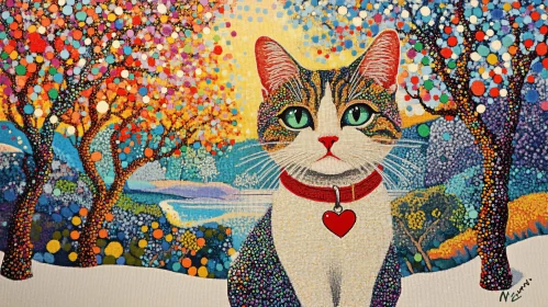 Vividly Colored Cat Art with Serene Landscape