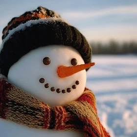 Snowman with Carrot Nose and Coal Eyes in a Snowy Field