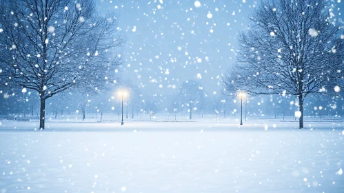 Tranquil Winter Landscape with Snow-Covered Trees and Street Lamps