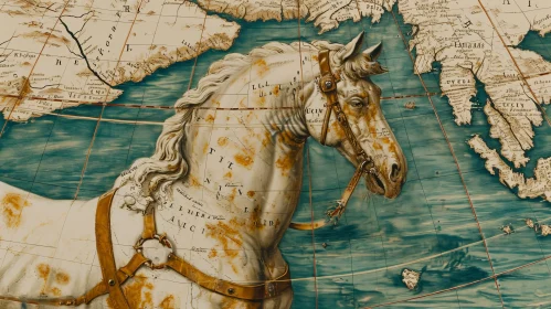Fragment of an Ancient Map with a Majestic Sea Horse - A Captivating Journey Through Time