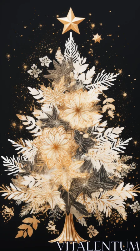 Gold Christmas Tree on Black Background | Abstracted Floral Forms AI Image