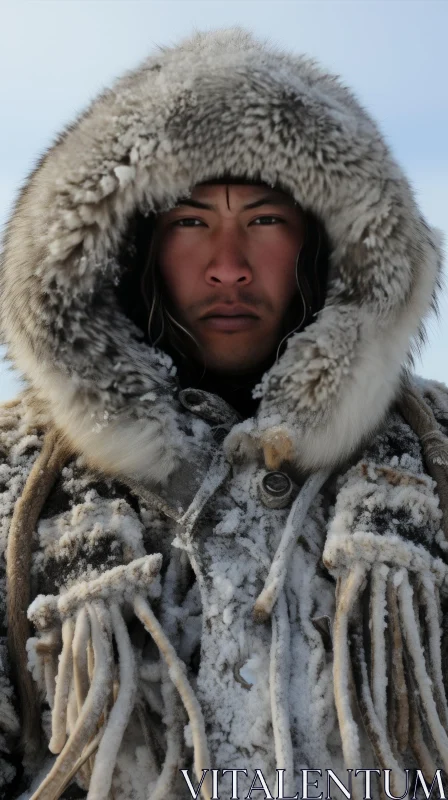 Intense Portrait of an Arctic Indigenous Young Man in Fur Coat AI Image