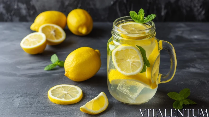 Refreshing Mason Jar with Lemon Slices and Mint Leaves AI Image