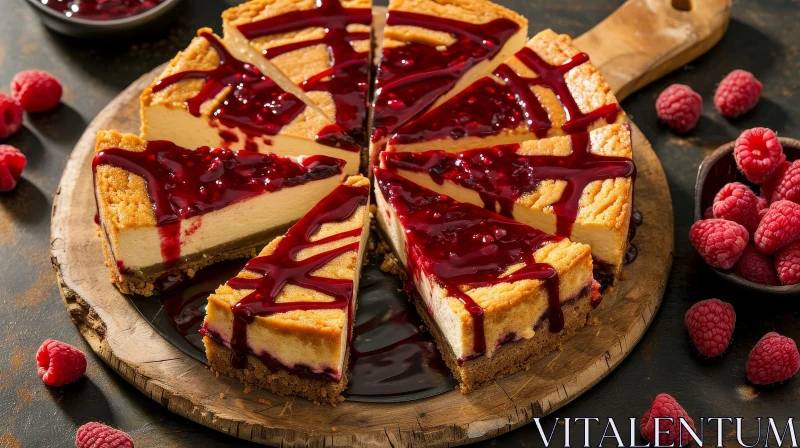 Scrumptious Cheesecake with Raspberry Sauce on a Wooden Board AI Image