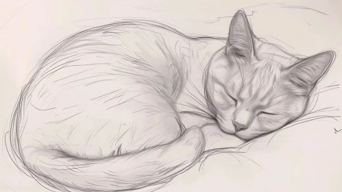 Sleeping Cat Digital Sketch - Grayscale Artwork