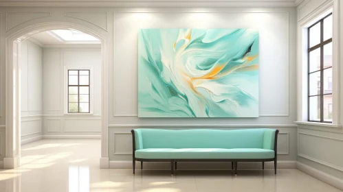 Teal and White Abstract Waves in a Hallway