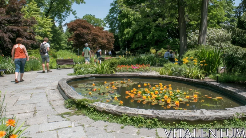 AI ART Tranquil Botanical Garden Pond with Reflective Sky