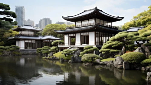 Tranquil Japanese Garden with Traditional House and Pond