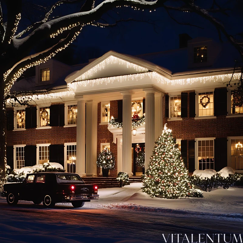 Festive Brick House with Christmas Lights and Snow AI Image