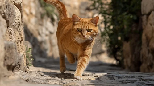 Ginger Cat On A Sunlit Cobblestone Path