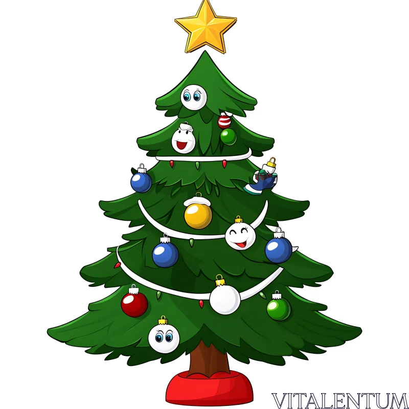 Festive Cartoon Christmas Tree with Ornaments AI Image