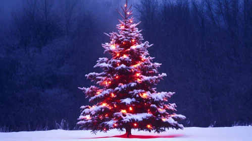 Illuminated Christmas Tree in Snowy Forest