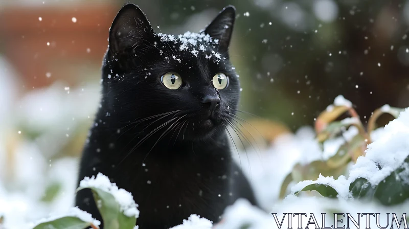 Green-Eyed Black Cat in Winter Snow AI Image