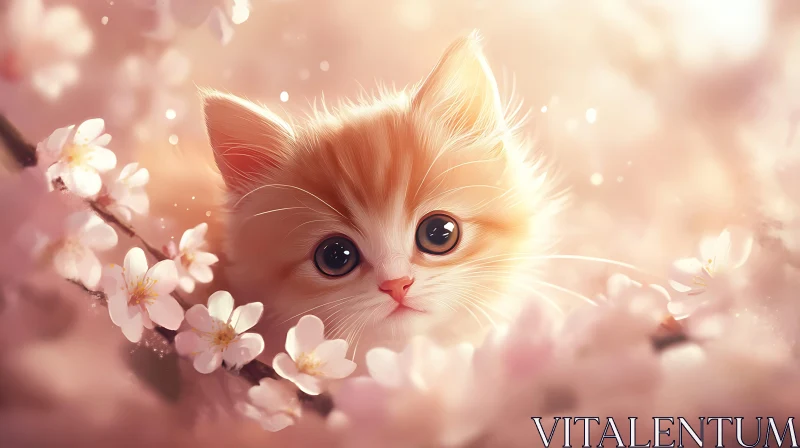 Cute Kitten in Blooming Cherry Blossoms AI Image