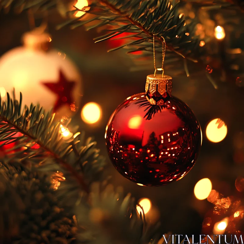 Shiny Red Bauble on Christmas Tree AI Image