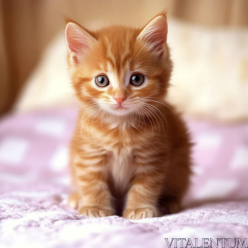 Cute Orange Kitten Sitting on a Purple Blanket AI Image