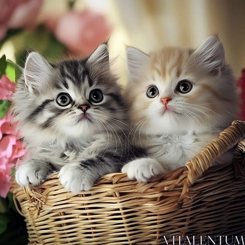 AI ART Endearing Kittens Resting in a Wicker Basket with Floral Backdrop