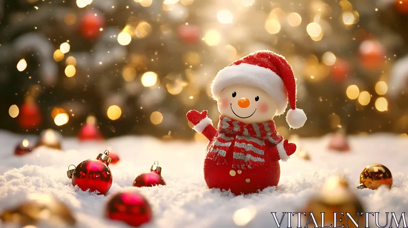 Festive Snowman and Christmas Ornaments in the Snow AI Image