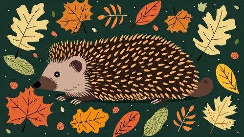 Adorable Hedgehog Cartoon Illustration with Colorful Leaves