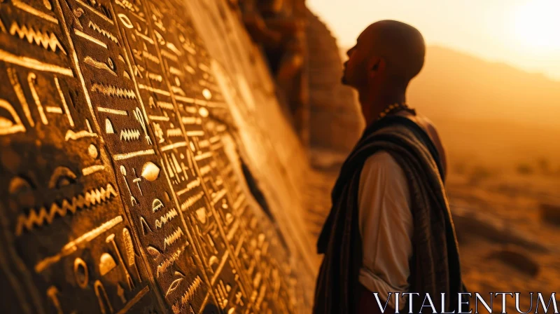 Ancient Egyptian Wall: A Thoughtful Man in Traditional Clothing AI Image