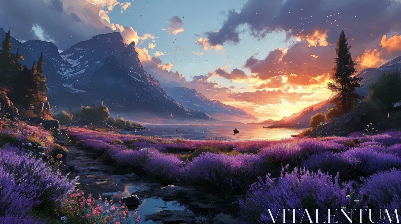 Breathtaking Mountain Lake Sunset: Serene Landscape AI Image