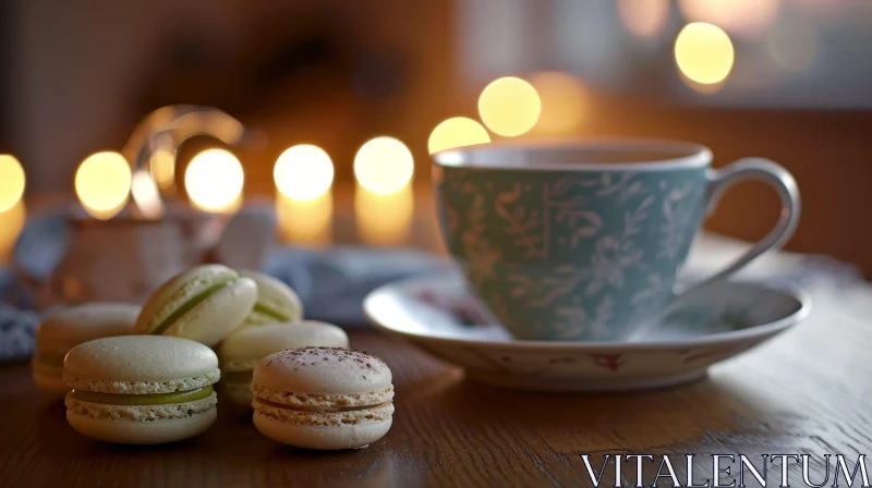 AI ART Close-up Image of Tea and Macarons on Wooden Table