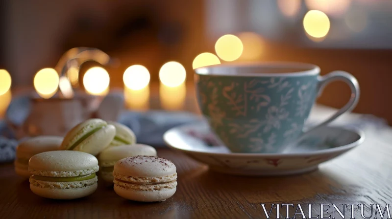 Close-up Image of Tea and Macarons on Wooden Table AI Image