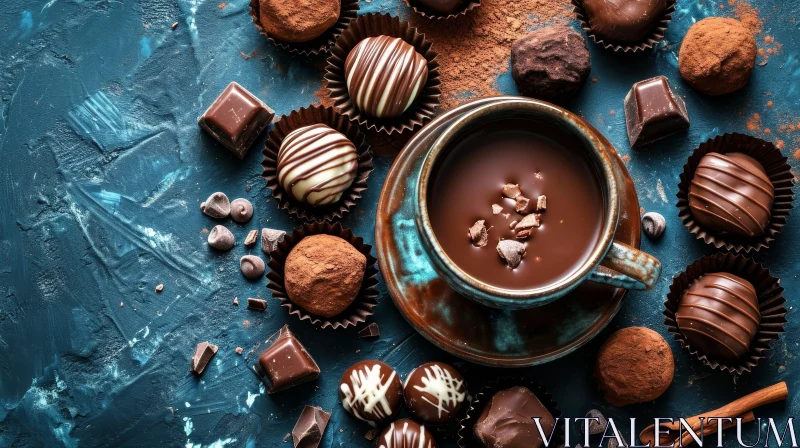 Close-up of Hot Chocolate and Chocolates on Blue Background AI Image