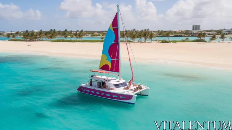 Colorful Catamaran Sailing in Tropical Sea AI Image