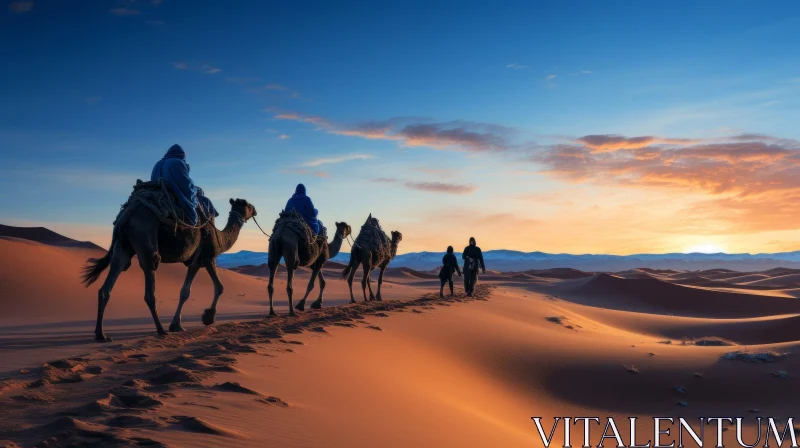 Desert Sunset: A Stunning Image of People Riding Camels at Sunset AI Image