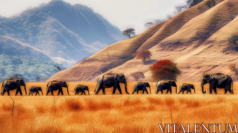 Elephants Walking in a Golden Field | Serene African Wilderness AI Image