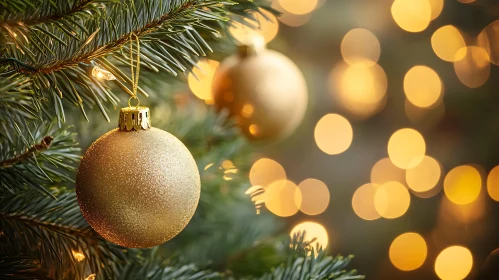 Holiday Decoration: Gold Ornament on Christmas Tree