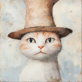 Charming Cat Painting with Beige Hat