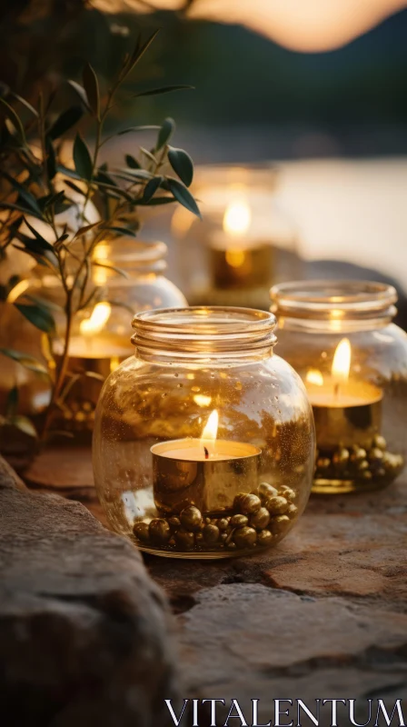 Golden Candlelit Jars: A Fusion of Nature and Festive Glow AI Image