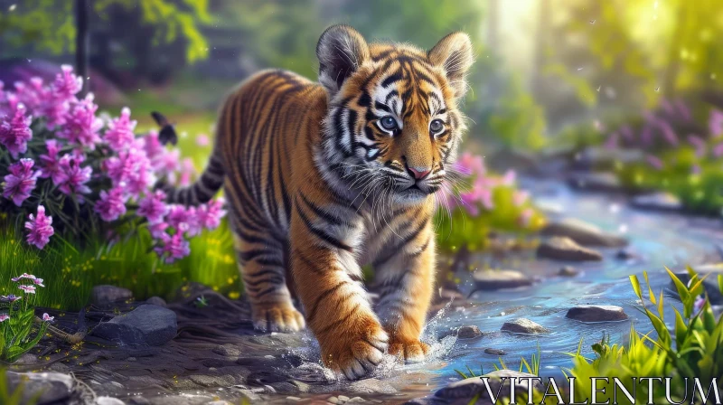 Graceful Tiger Cub in Stream - Wildlife Photography AI Image