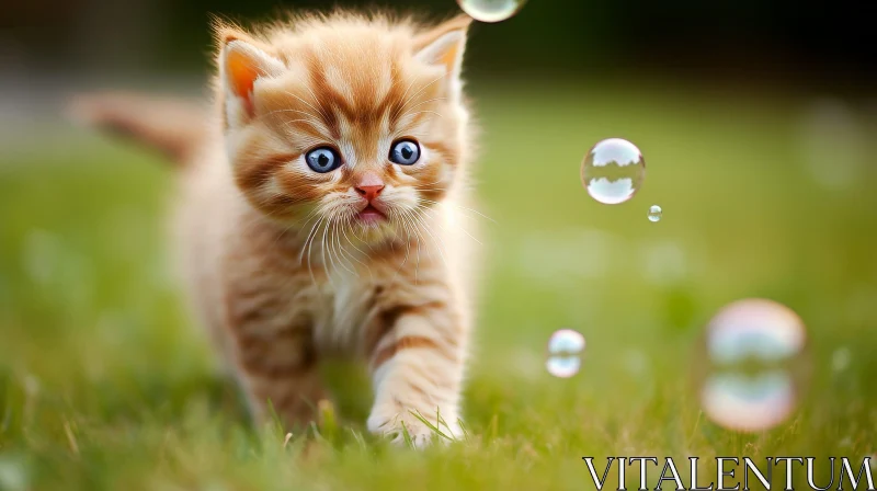 Orange Kitten on Grass Field with Blue Eyes AI Image