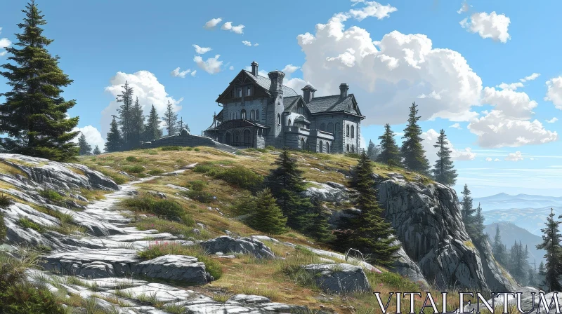 Tranquil Stone House on a Hilltop | Nature Landscape AI Image