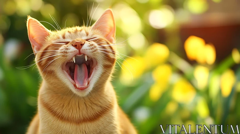 Ginger Cat Yawning Amidst Sunny Flowers AI Image