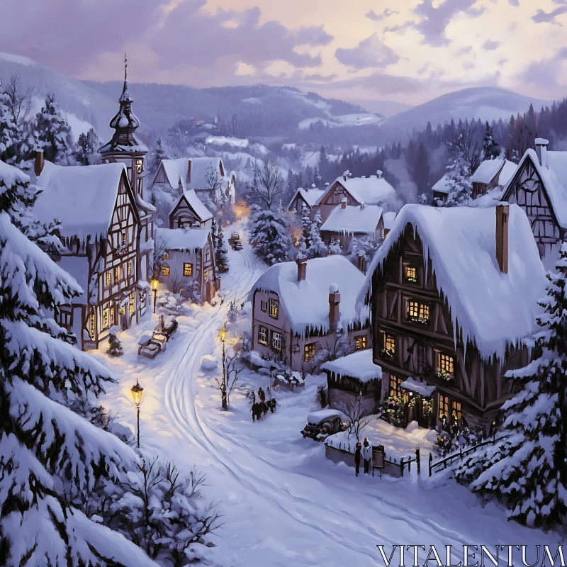 Snow-Covered Village in Twilight AI Image