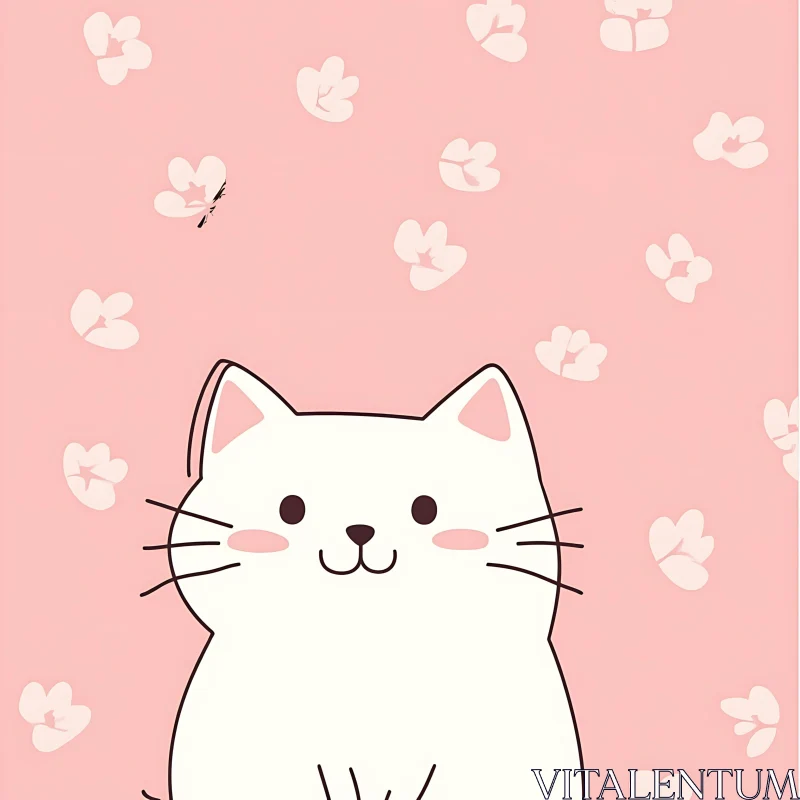 Cute White Cat Illustration with Pink Petals AI Image