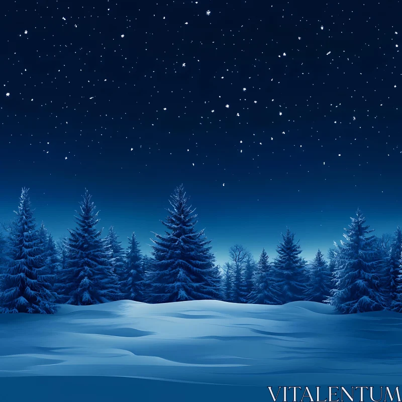 Snow-Covered Pine Forest at Night AI Image