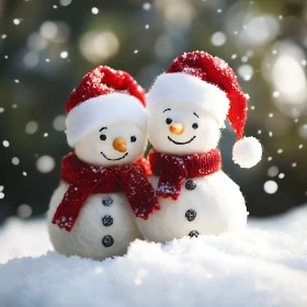 Festive Snowmen with Santa Hats in Snowy Scene