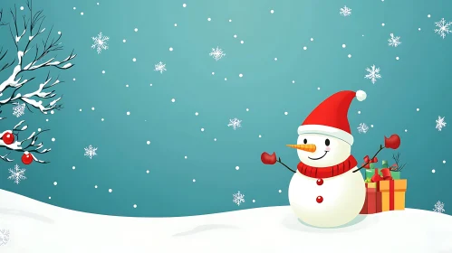 Cheerful Snowman and Holiday Gifts in Snowy Scene