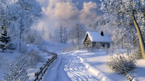 Tranquil Snowy Cabin in Winter Landscape