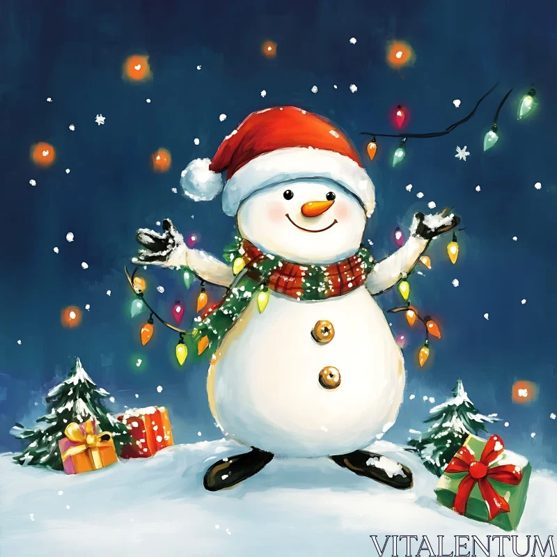 Holiday Snowman with Santa Hat and Christmas Lights AI Image